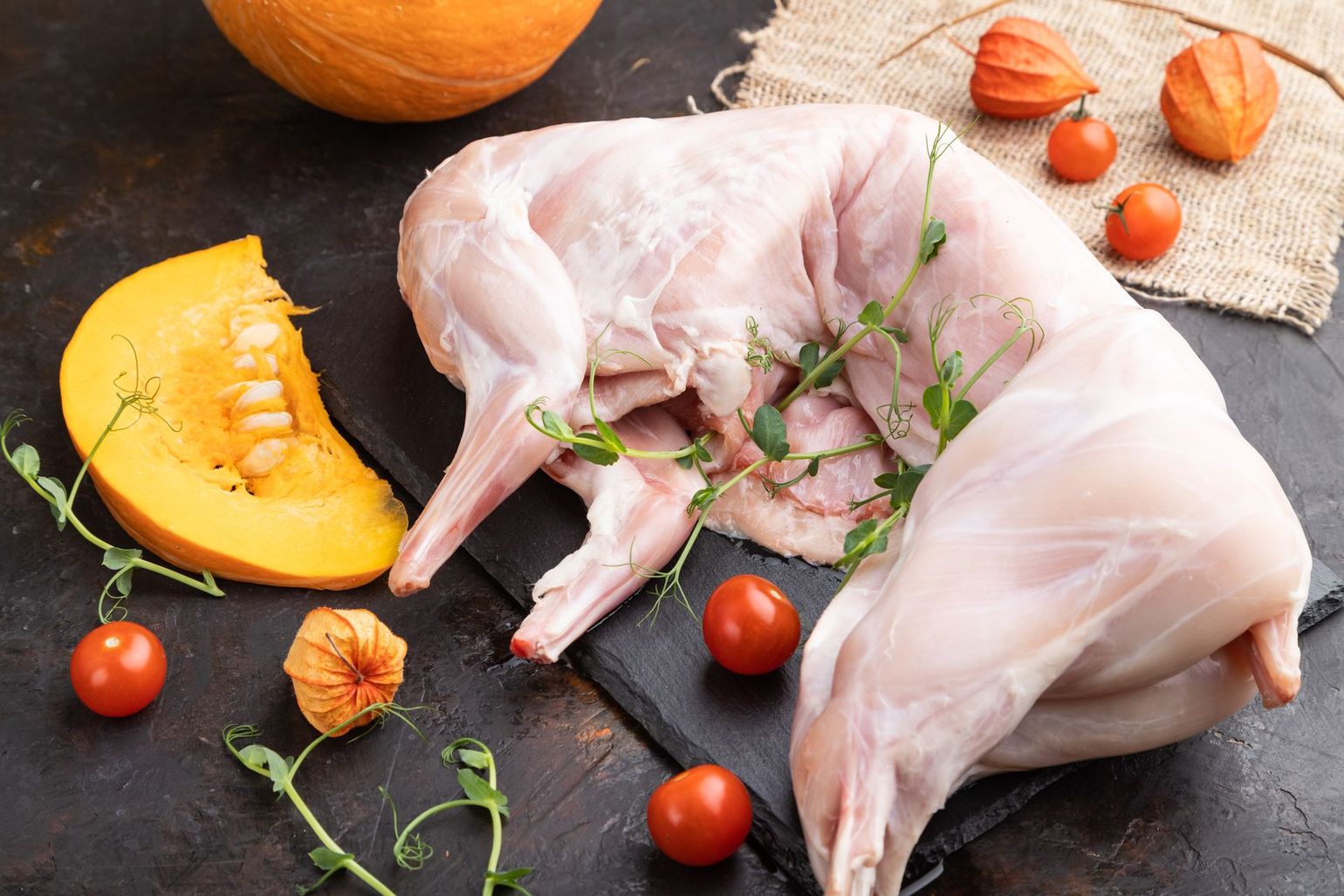 Viande de lapin posée sur une planche à découper