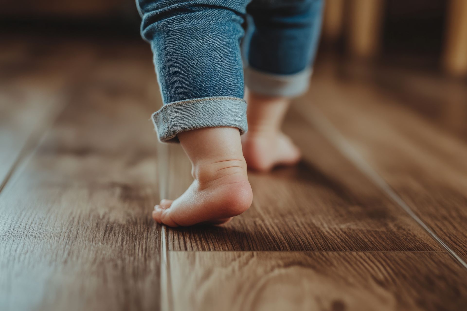 Enfant marchant pieds nus sur un carrelage chauffant