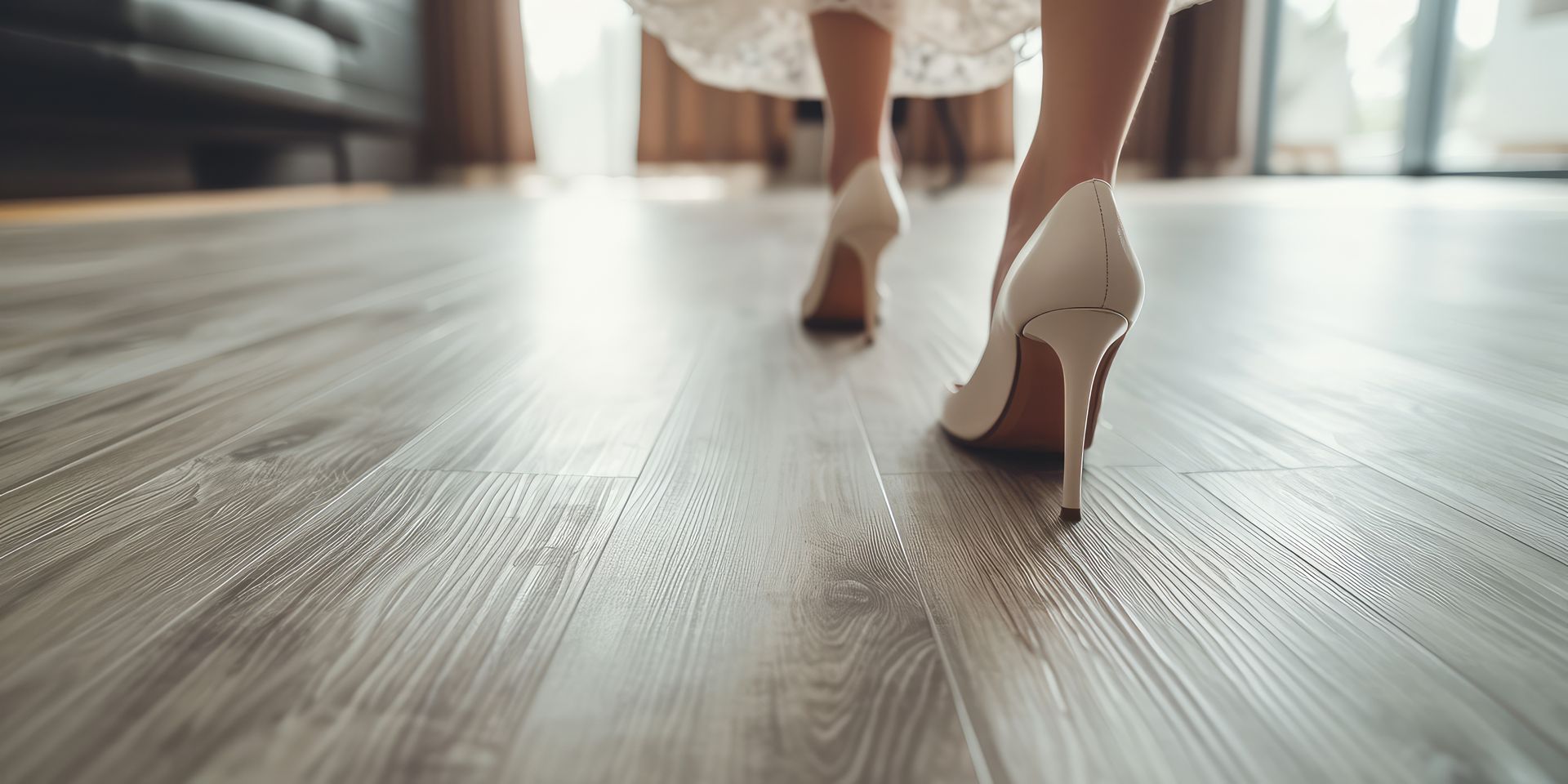Femme marchant sur du parquet avec talons hauts