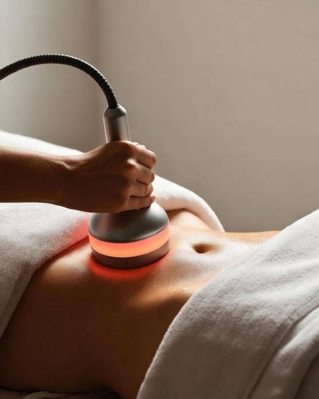 Una persona recibe un masaje de color naranja brillante en la espalda con un dispositivo portátil.