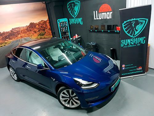 Un Tesla modelo 3 azul está estacionado en un garaje.