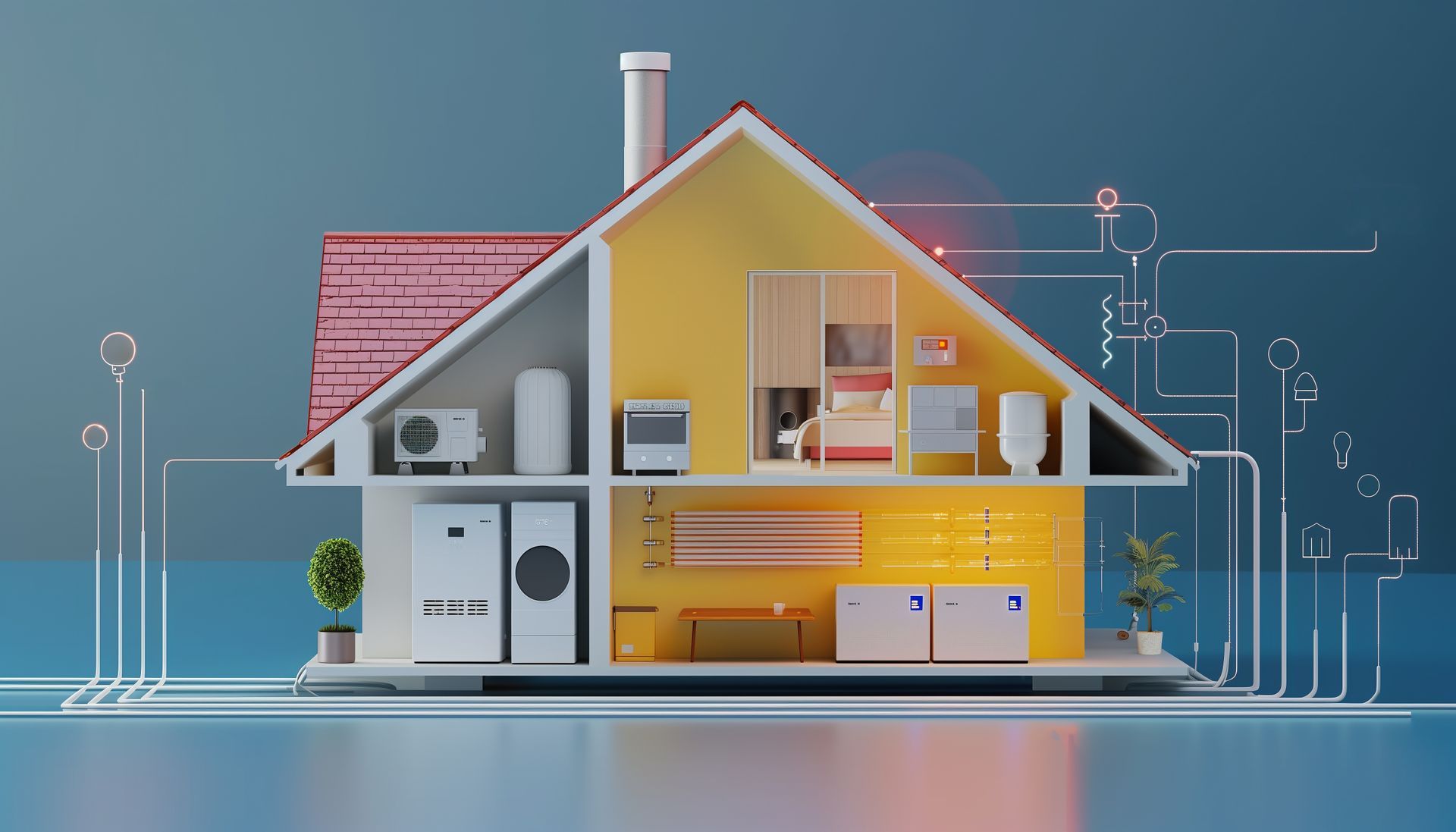Maison intelligente en coupe avec pièces lumineuses, toit solaire et appareils connectés sur fond bleu.