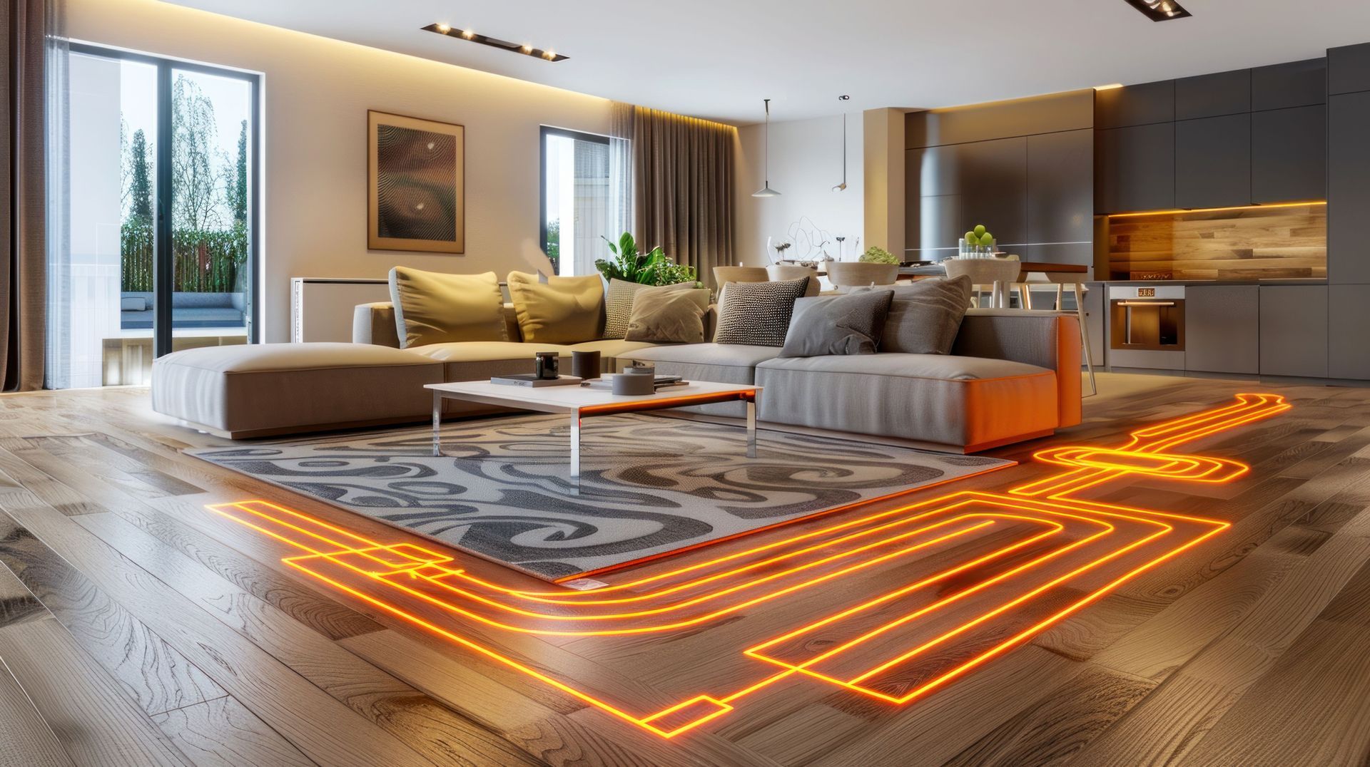 Salon moderne avec canapé d'angle beige, tapis à motifs et spots orange lumineux au sol le long du périmètre.