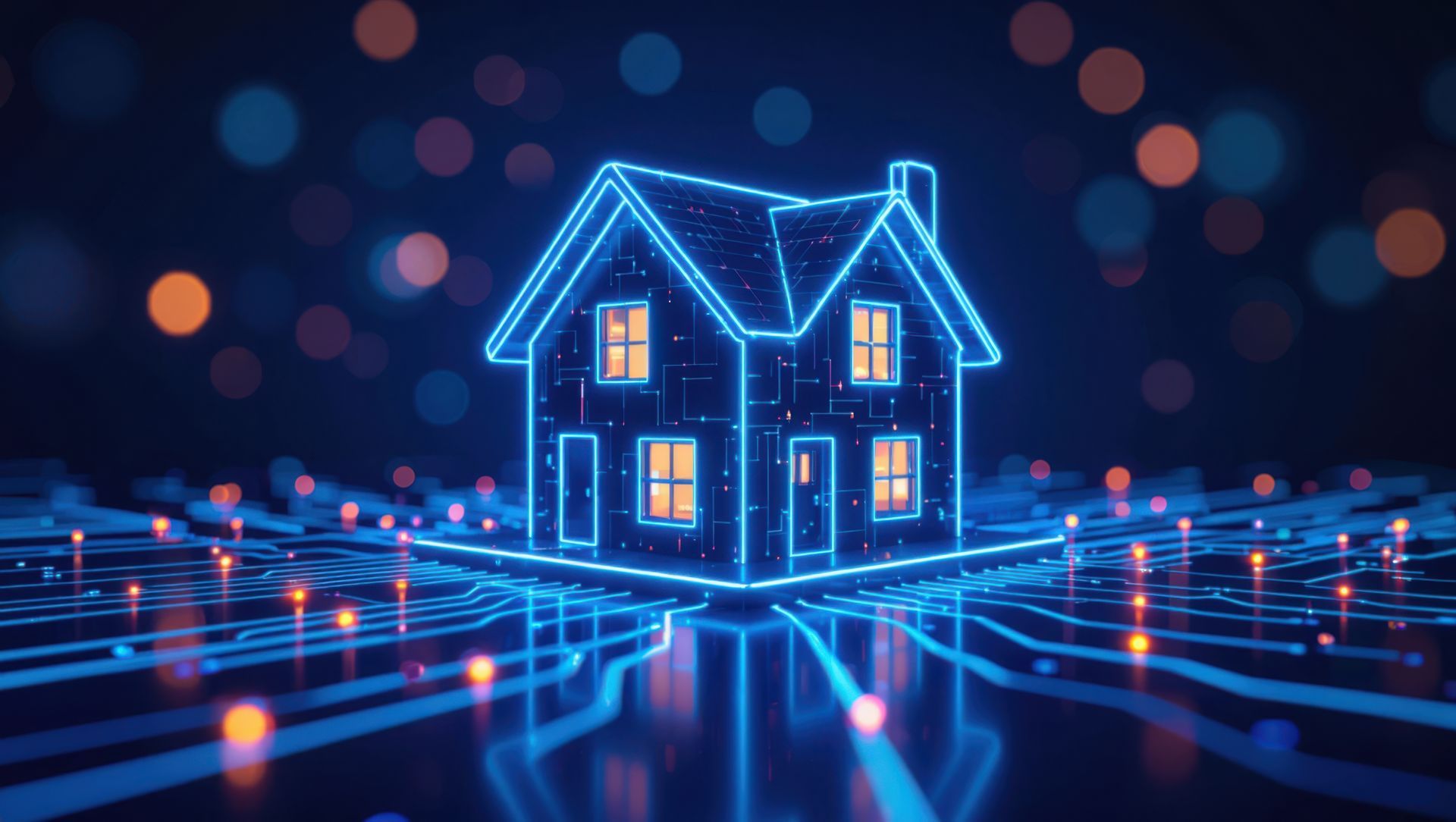 Maison holographique bleu néon sur une grille de circuit numérique avec des lumières scintillantes et un fond bokeh.