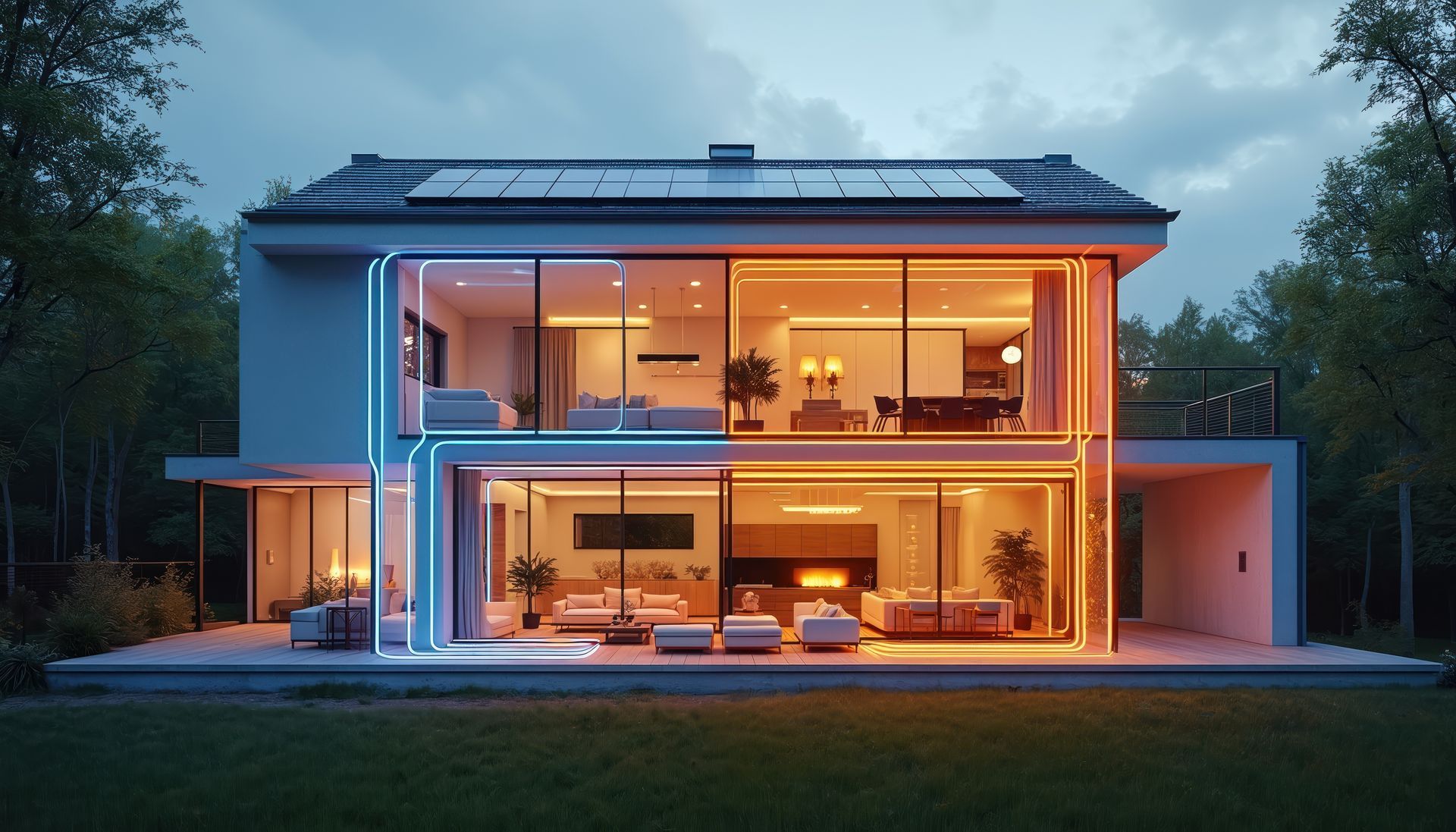 Maison moderne à deux étages avec une lumière intérieure chaleureuse au crépuscule, visible à travers de grandes baies vitrées.