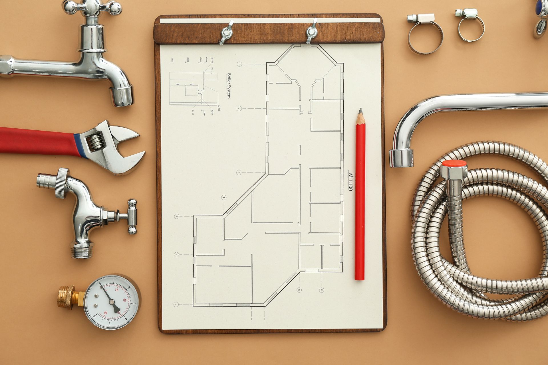 Outils et tuyaux de plomberie disposés autour d'un bloc-notes à plan d'étage sur un établi beige.