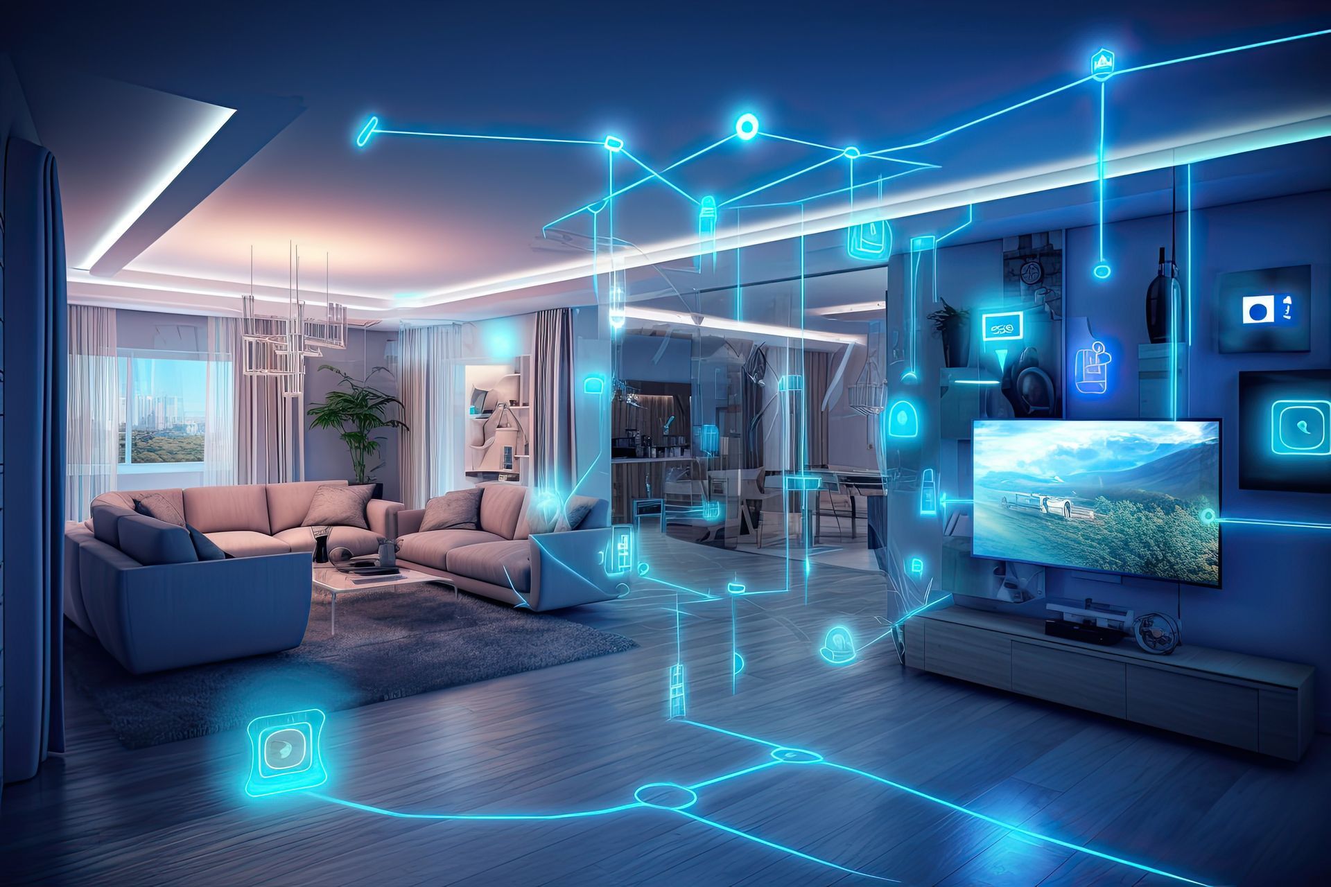 Salon futuriste domotique avec interface numérique bleue lumineuse et télévision murale.