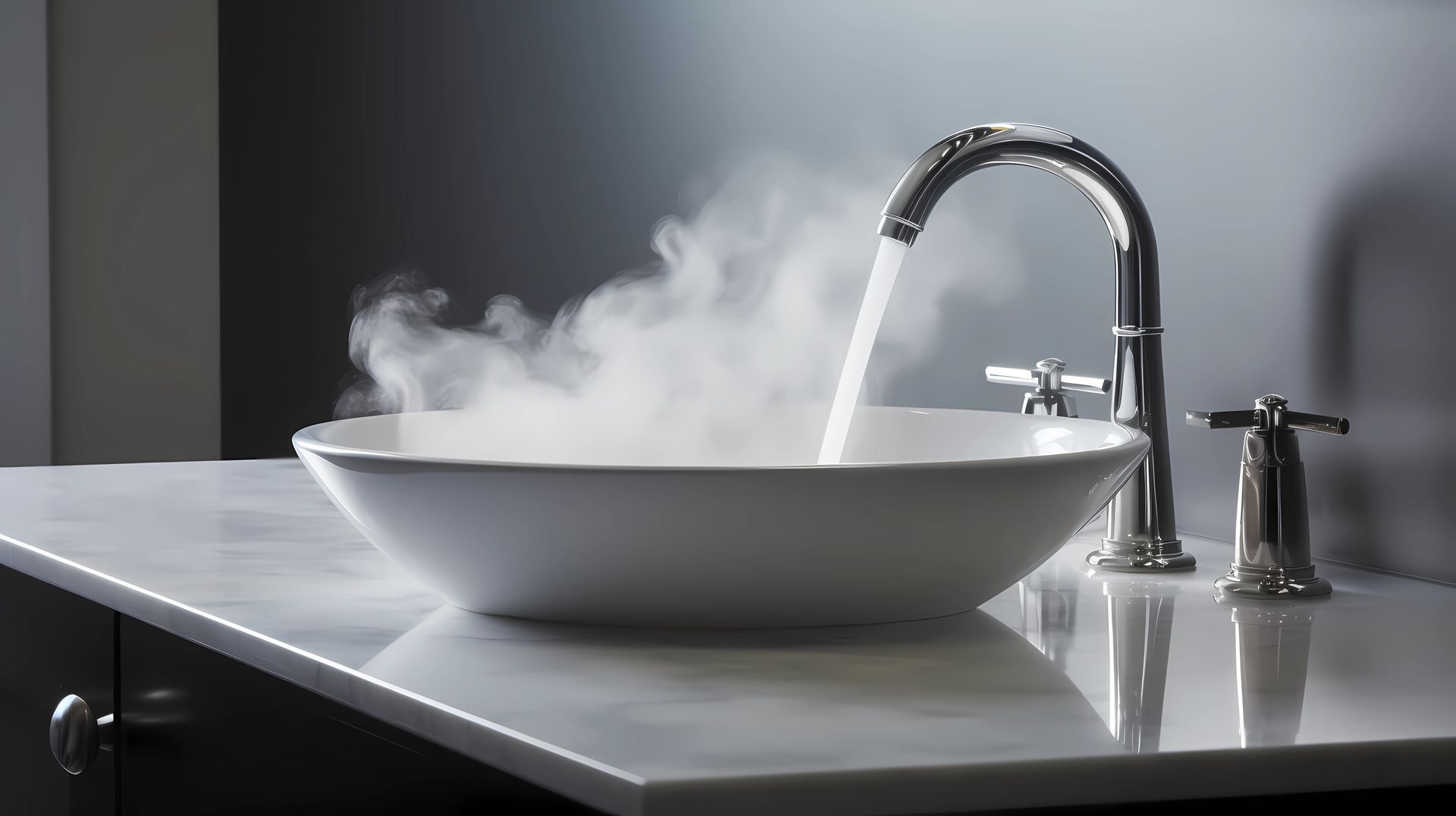 Lavabo de salle de bains blanc avec robinet chromé en marche et vapeur s'échappant de l'eau chaude.