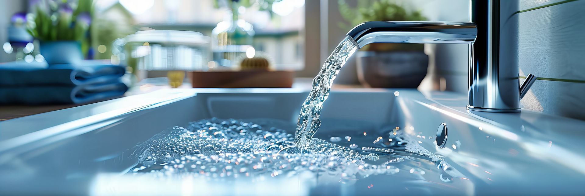 Lavabo de salle de bain moderne avec robinet mural évacuant l'eau vers un drain intégré au plan de travail.