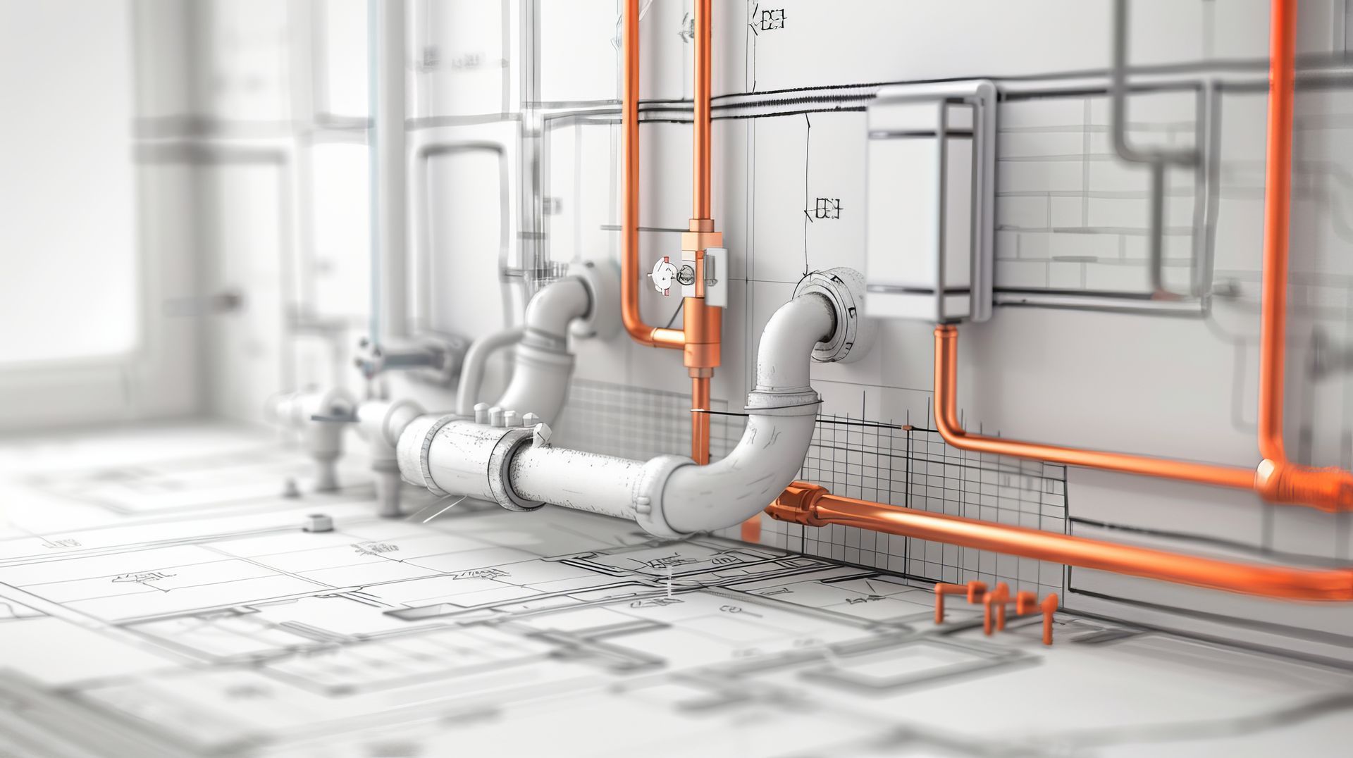 Tuyaux industriels et conduits orange dans une scène lumineuse de style plan d'ingénierie.