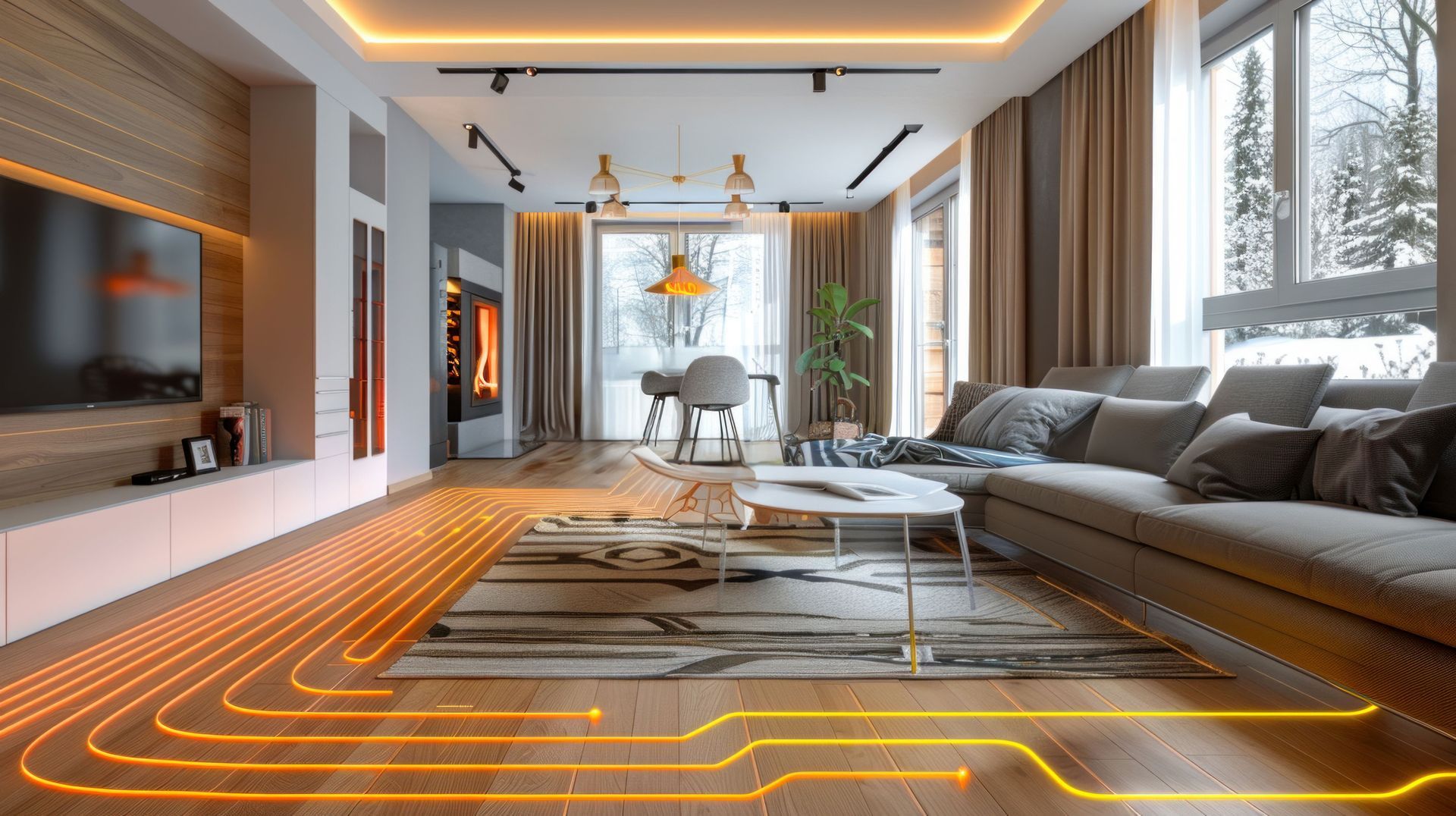 Salon moderne avec canapé gris, télévision murale et lampadaires orange lumineux imitant des circuits imprimés.