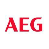 El logotipo de AEG es rojo y blanco sobre un fondo blanco.