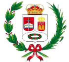 Escudo de armas decorativo de estilo español con corona, corona de laurel y cinta roja sobre fondo blanco.