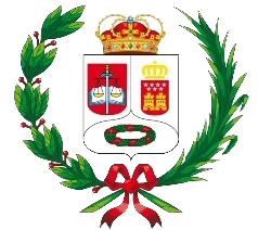 Escudo de armas decorativo de estilo español con corona, corona de laurel y cinta roja sobre fondo blanco.