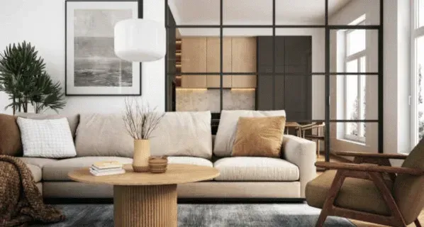 A living room with a couch , chair , coffee table and sliding glass doors.