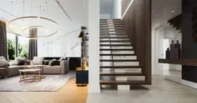 A living room with a staircase leading up to the second floor.