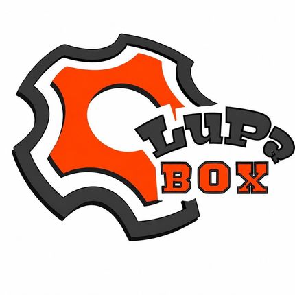 Logotipo naranja y gris con forma de engranaje que dice &ldquo;LUPS BOX&rdquo; sobre un fondo blanco.
