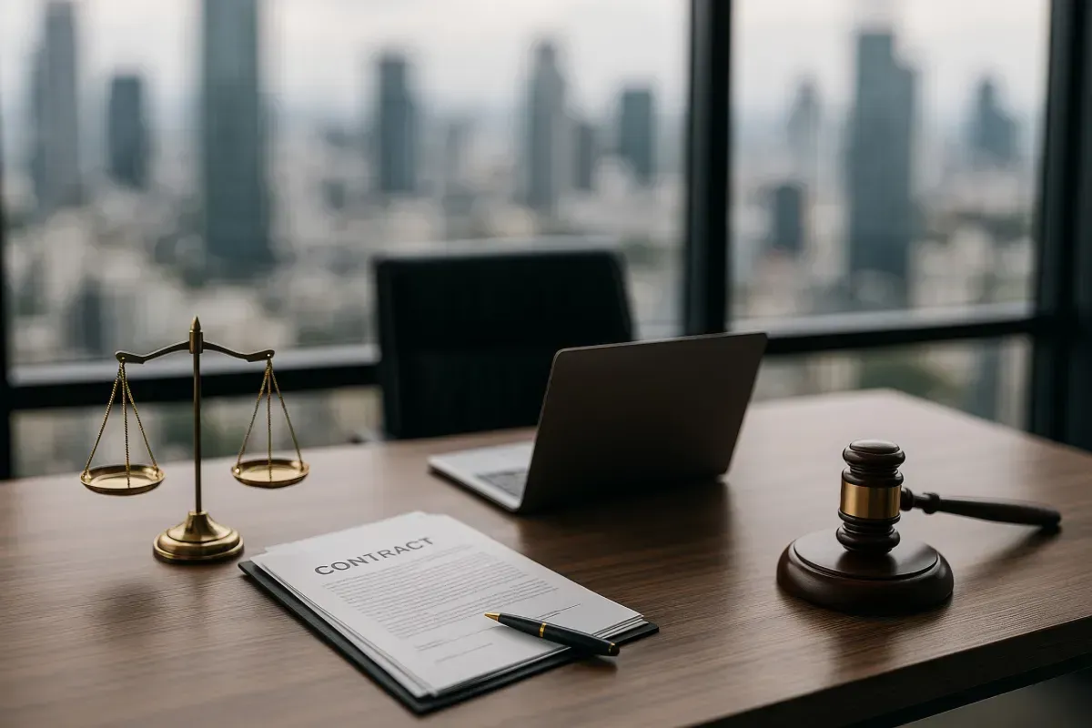 Balanza de la justicia, mazo y computadora portátil sobre un escritorio con un documento