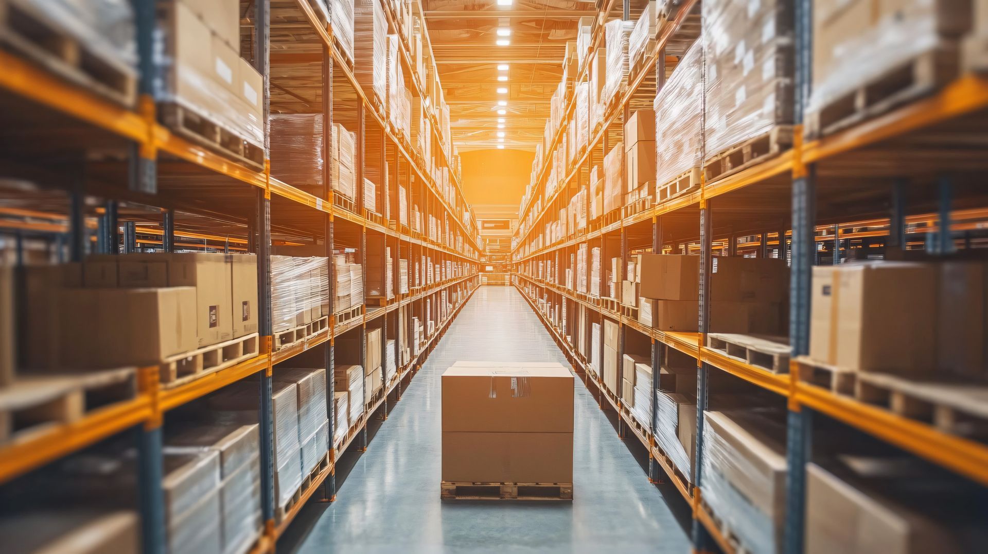 Carton au milieu d'une allée d'un entrepôt
