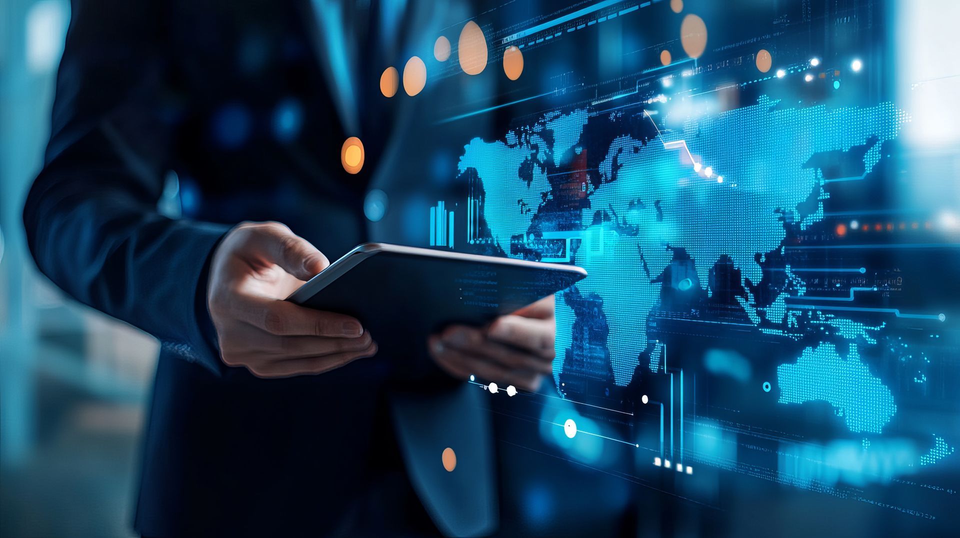 Carte de monde et homme avec une tablette