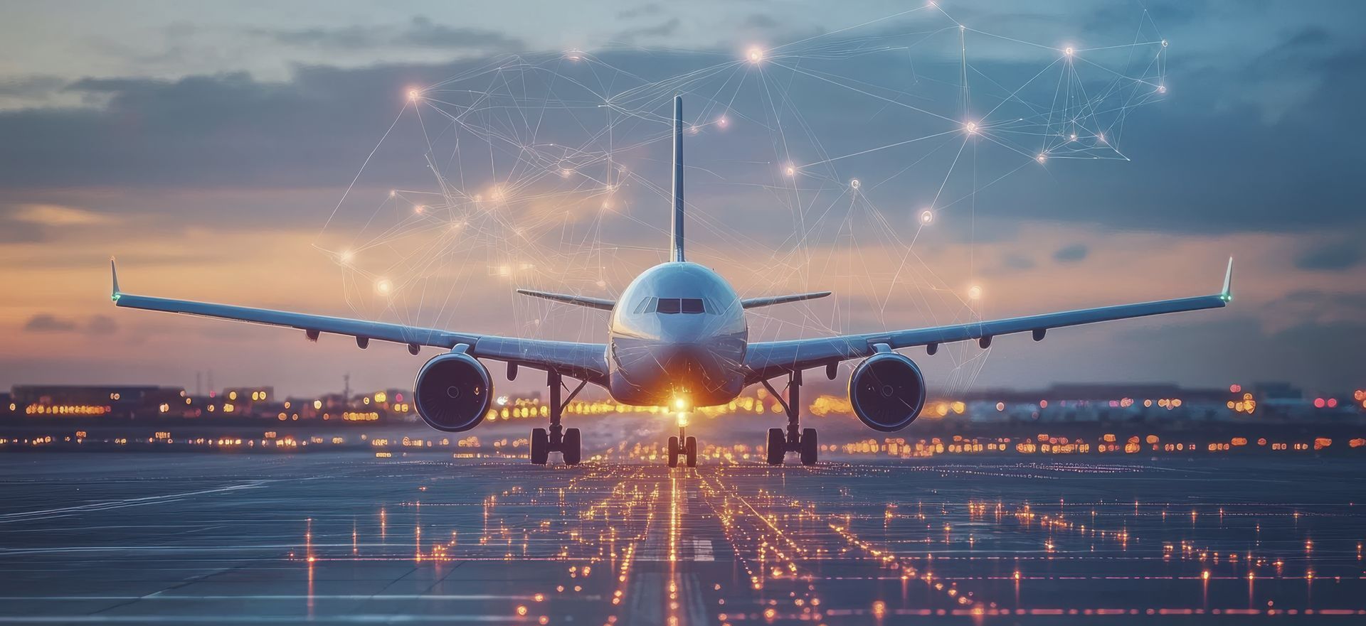 Avion sur une piste d'aéroport vu de face