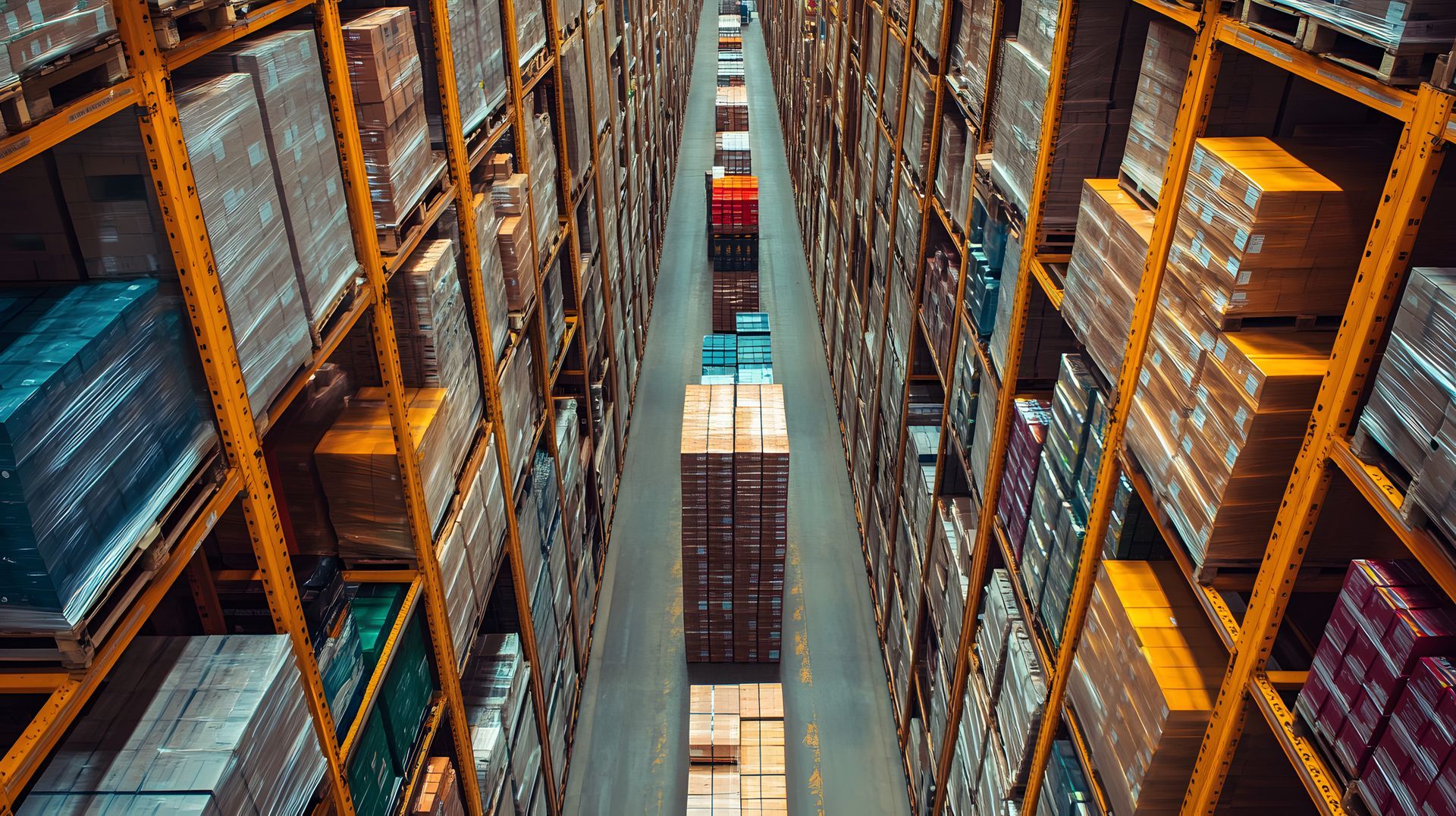 Palettes de cartons dans une allée d'entrepôt