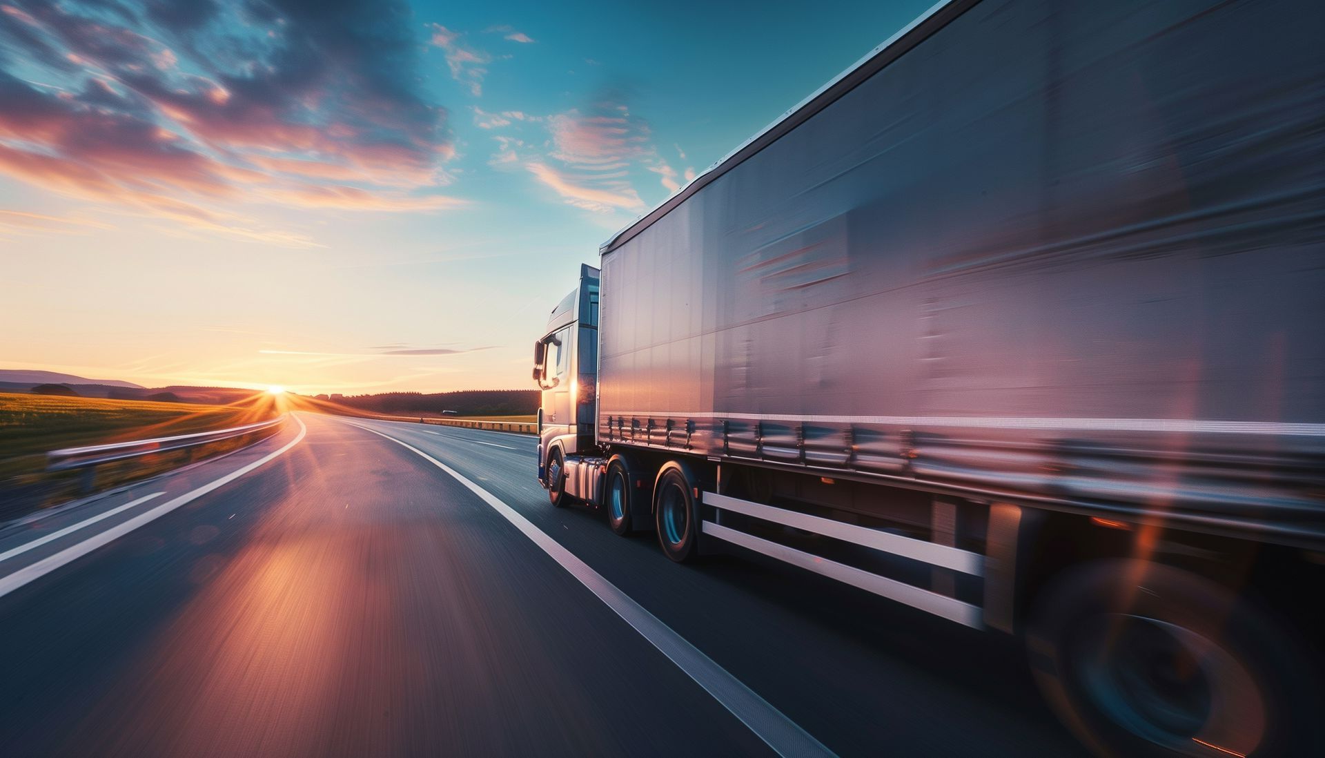 Camion sur une route au soleil couchant