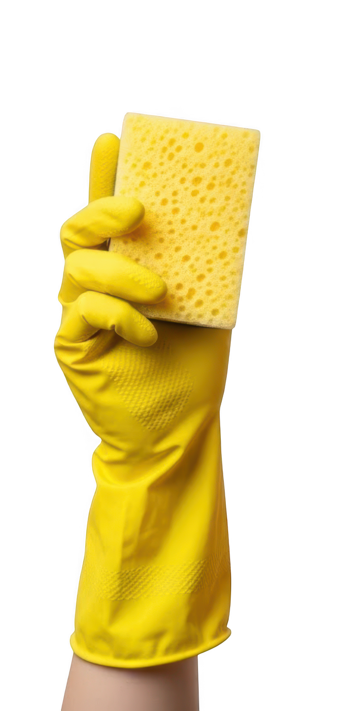 Une main avec un gant en caoutchouc jaune tient une éponge jaune.