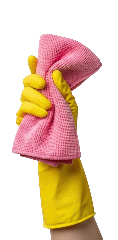 Une main avec un gant en caoutchouc jaune tient un chiffon de nettoyage rose.