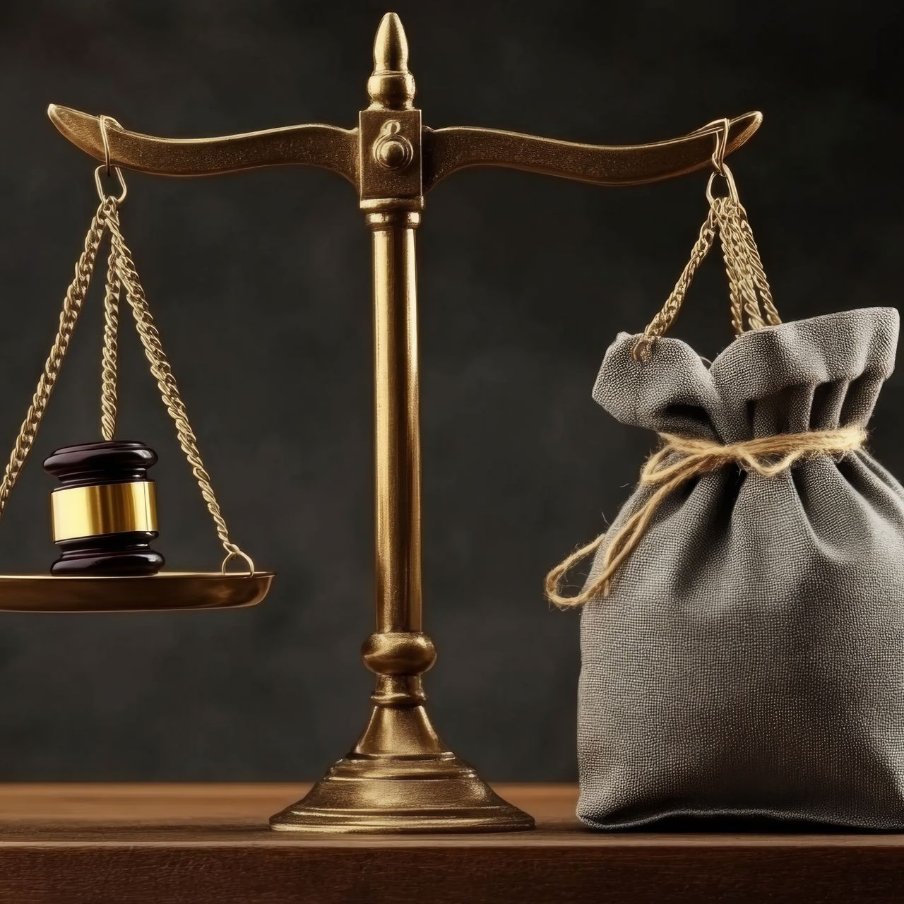 La balance de la justice, un marteau contre un sac d'argent.