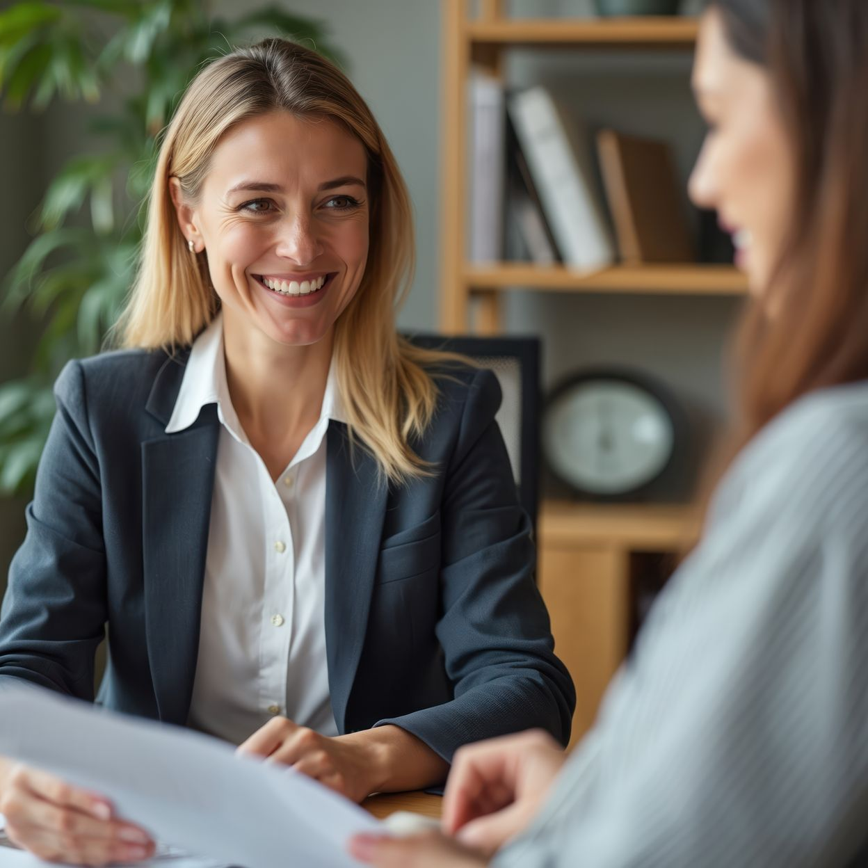 Une femme en tenue professionnelle sourit en regardant une personne assise en face d'elle.