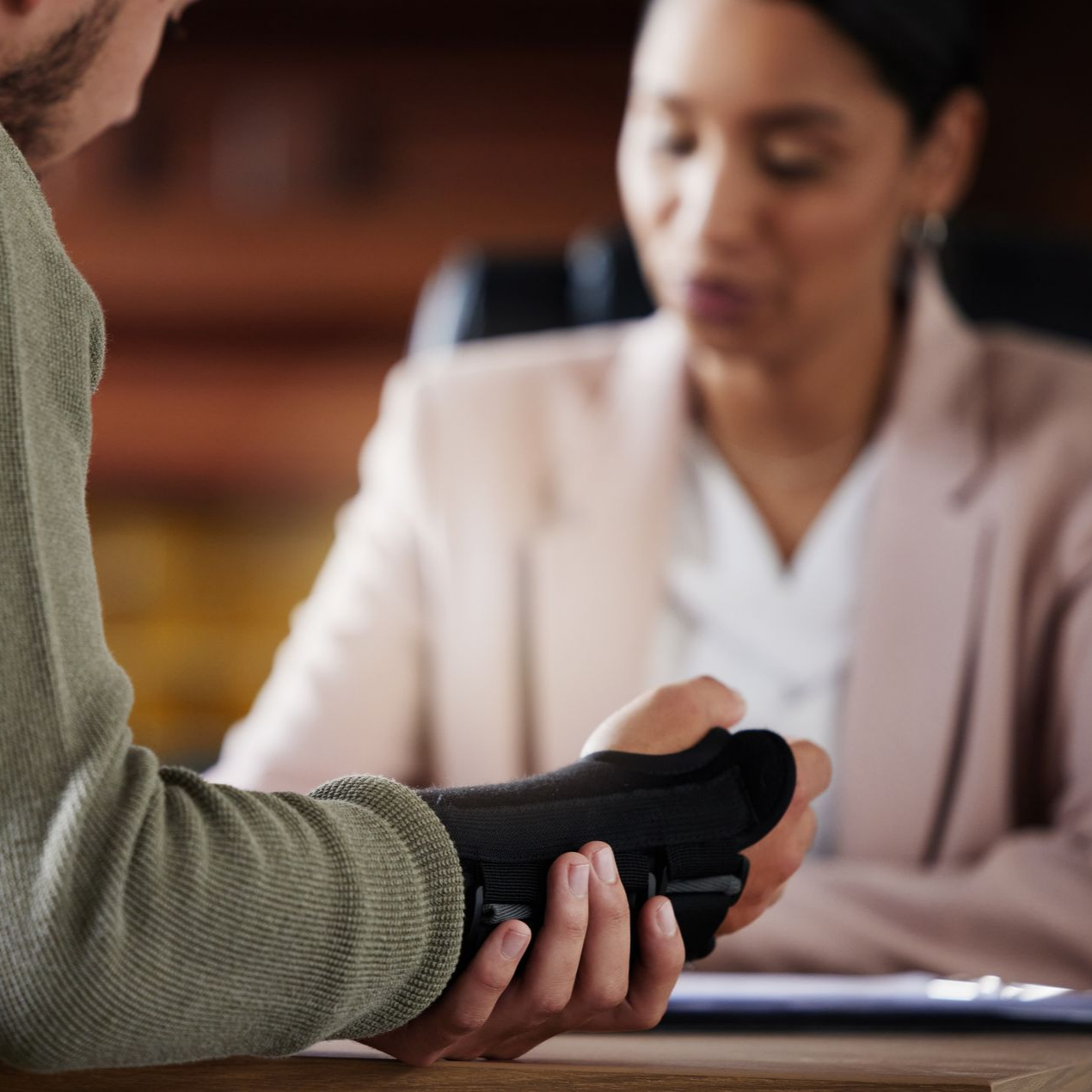 Une personne avec une prothèse de main, assise à une table, parle à une personne portant un blazer.