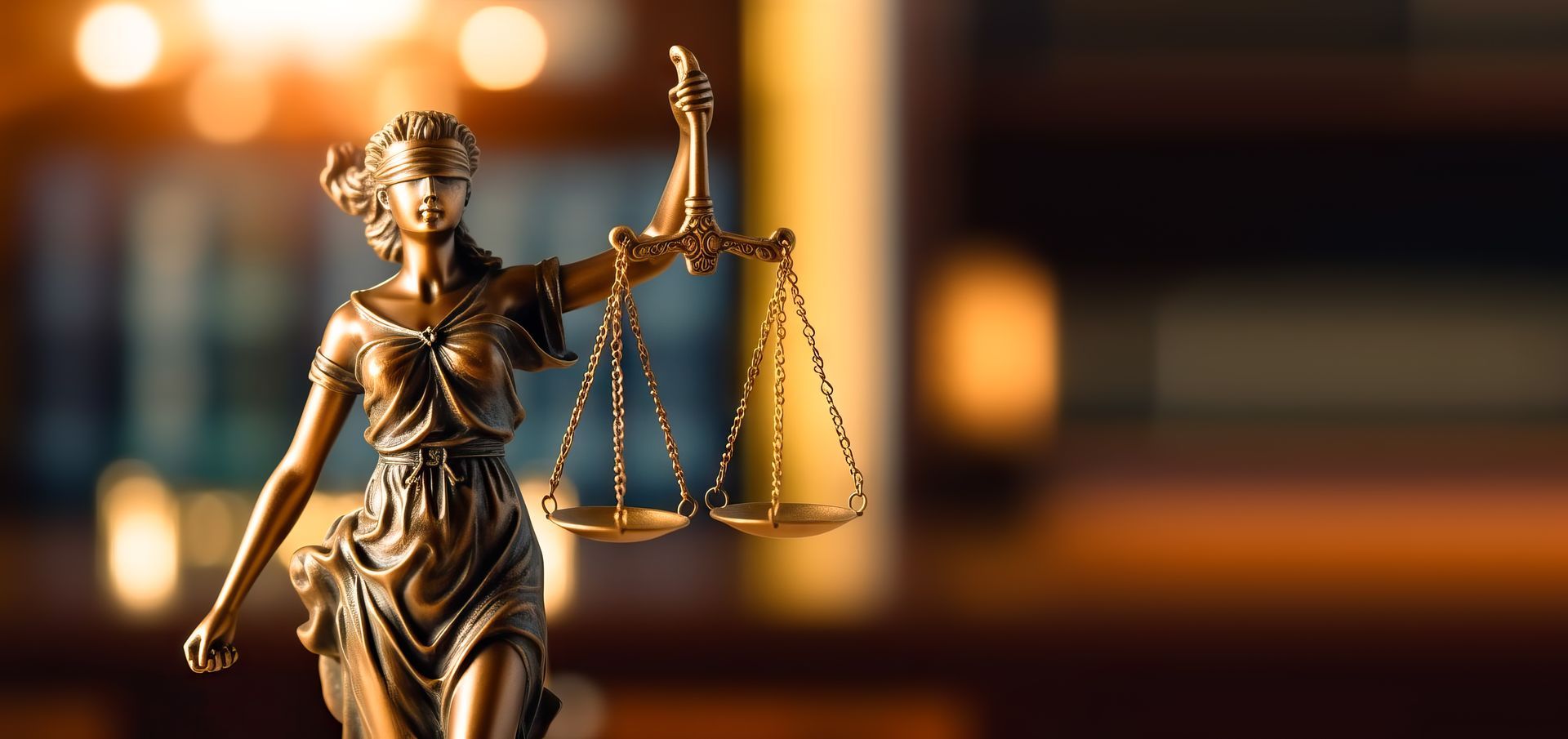 Statue en bronze de la Justice tenant une balance, les yeux bandés, sur un fond flou.