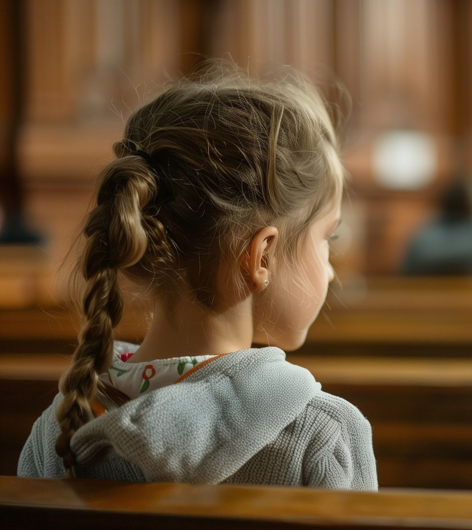 Petite fille dans une salle d'audience au tribunal, de dos.