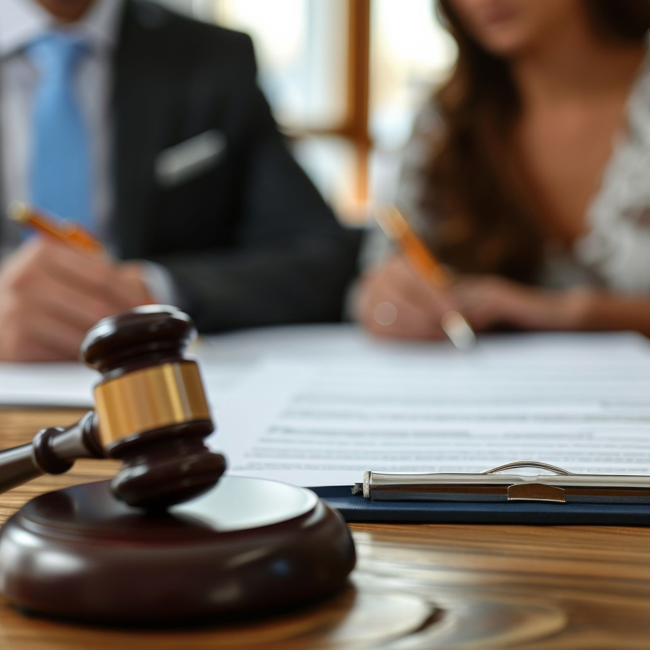 Un maillet posé sur un bureau devant des documents et des personnes signant des papiers.