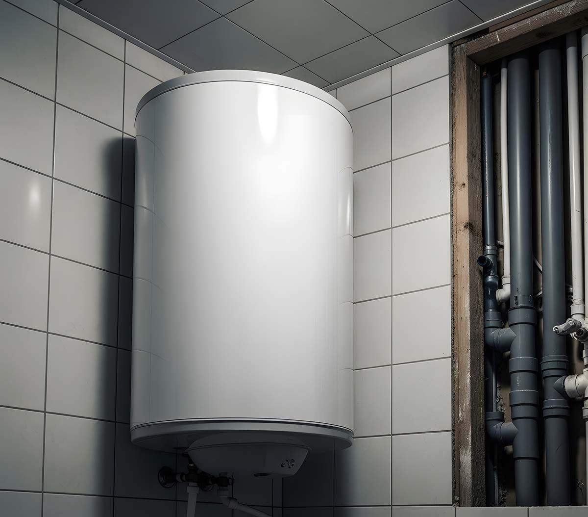 Calentador de agua blanco montado en pared de azulejos, adyacente a las tuberías.