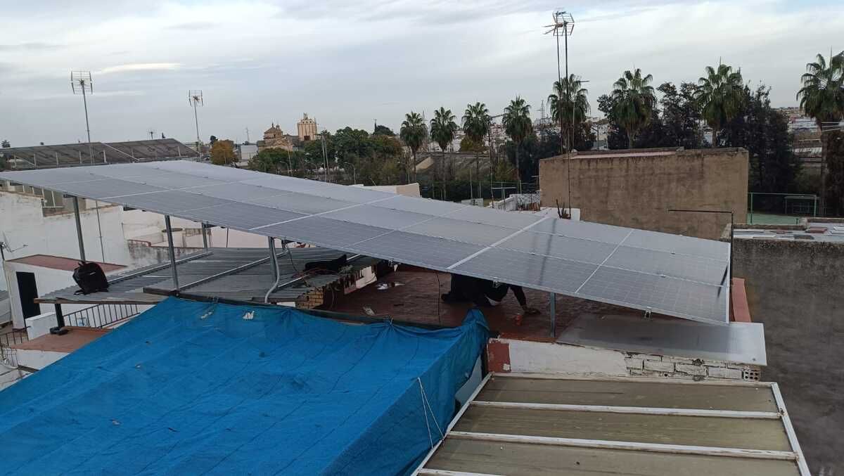 Paneles solares instalados sobre una lona azul en la azotea. Edificios, árboles y cielo visibles al fondo.
