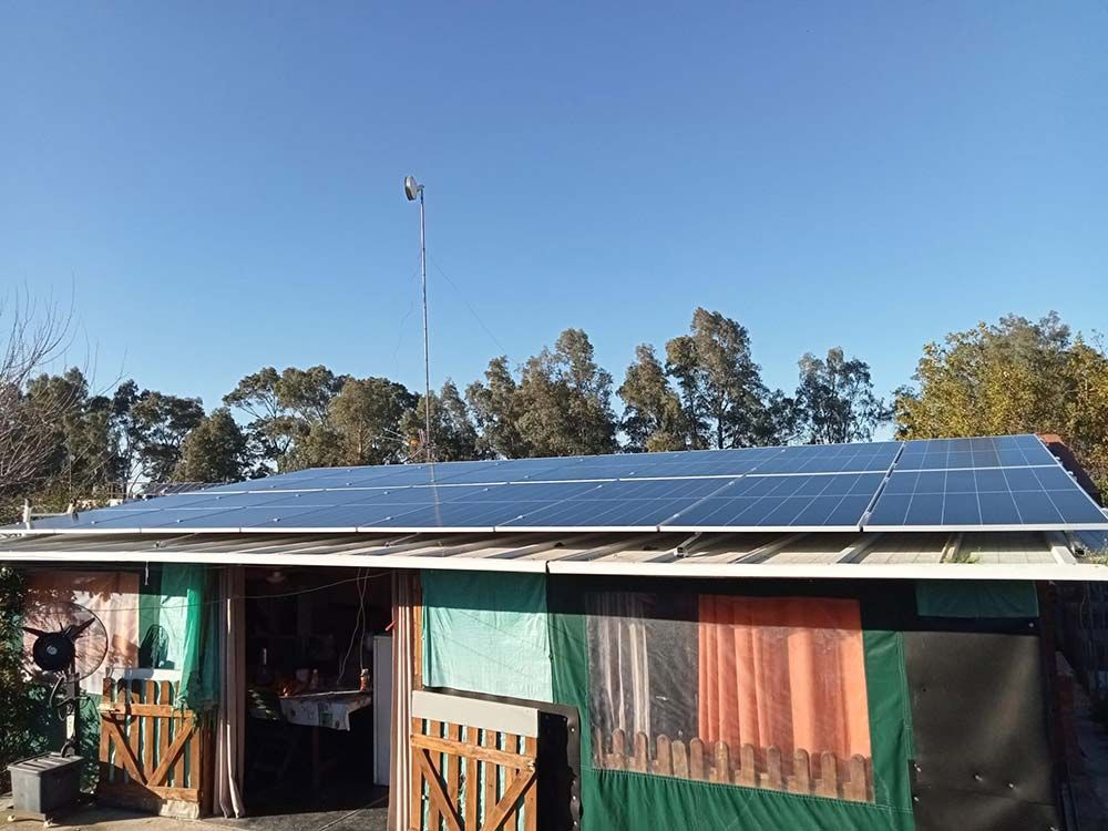Paneles solares en el tejado de un edificio con cielo azul. Al fondo, un poste alto y árboles.