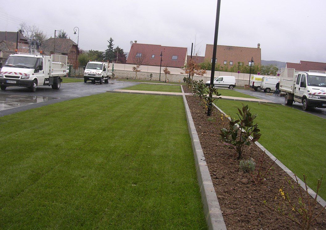 Grandes bandes de gazon sur un parking