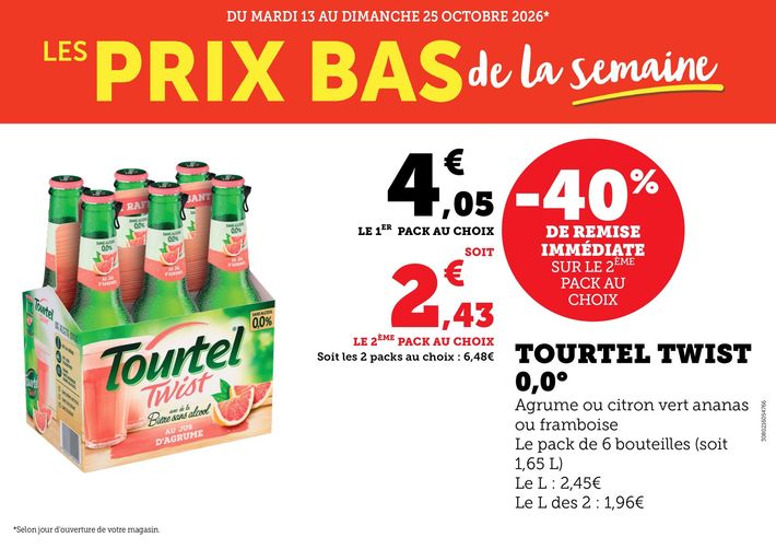 Tourtel Twist 0,0° moins 40 % de remise immédiate sur le second pack au choix soit 4,05 € le premier pack au choix et 2,43 € le second pack au choix. Agrume ou citron vert ananas ou framboise, le pack de 6 bouteilles soit 1,65 litre, le litre 2,45 €, le litre des deux 1,96 €, soit les 2 packs au choix 6,48 €.