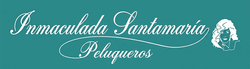 Logotipo de salón de color turquesa con la inscripción “Inmaculada Santamaría Peluqueros” y un icono de rostro ilustrado en blanco.
