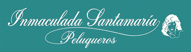 Logotipo de salón de color turquesa con la inscripción “Inmaculada Santamaría Peluqueros” y un icono de rostro ilustrado en blanco.