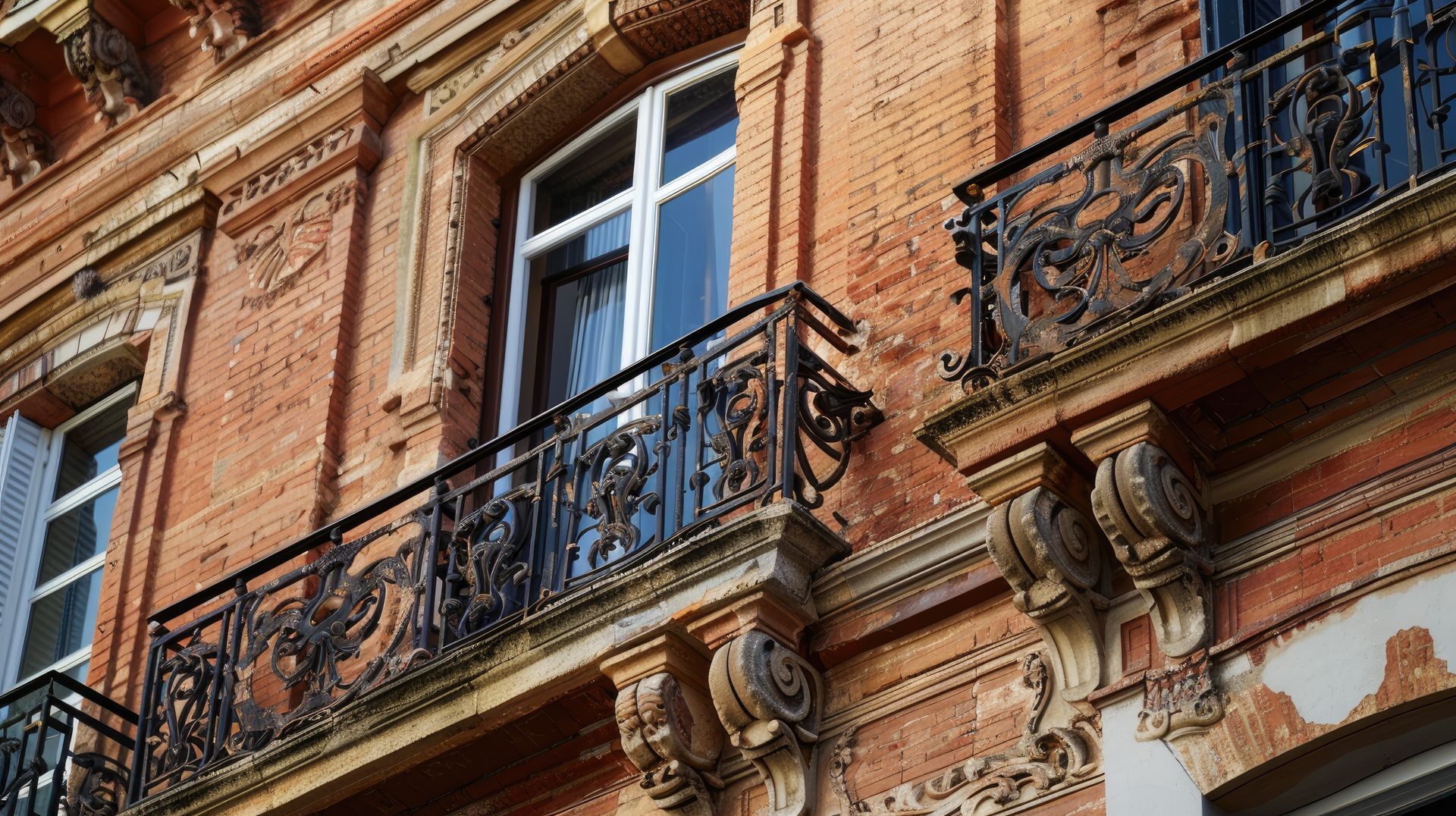 Façade en briques ornée de balcons et de fenêtres en fer forgé.