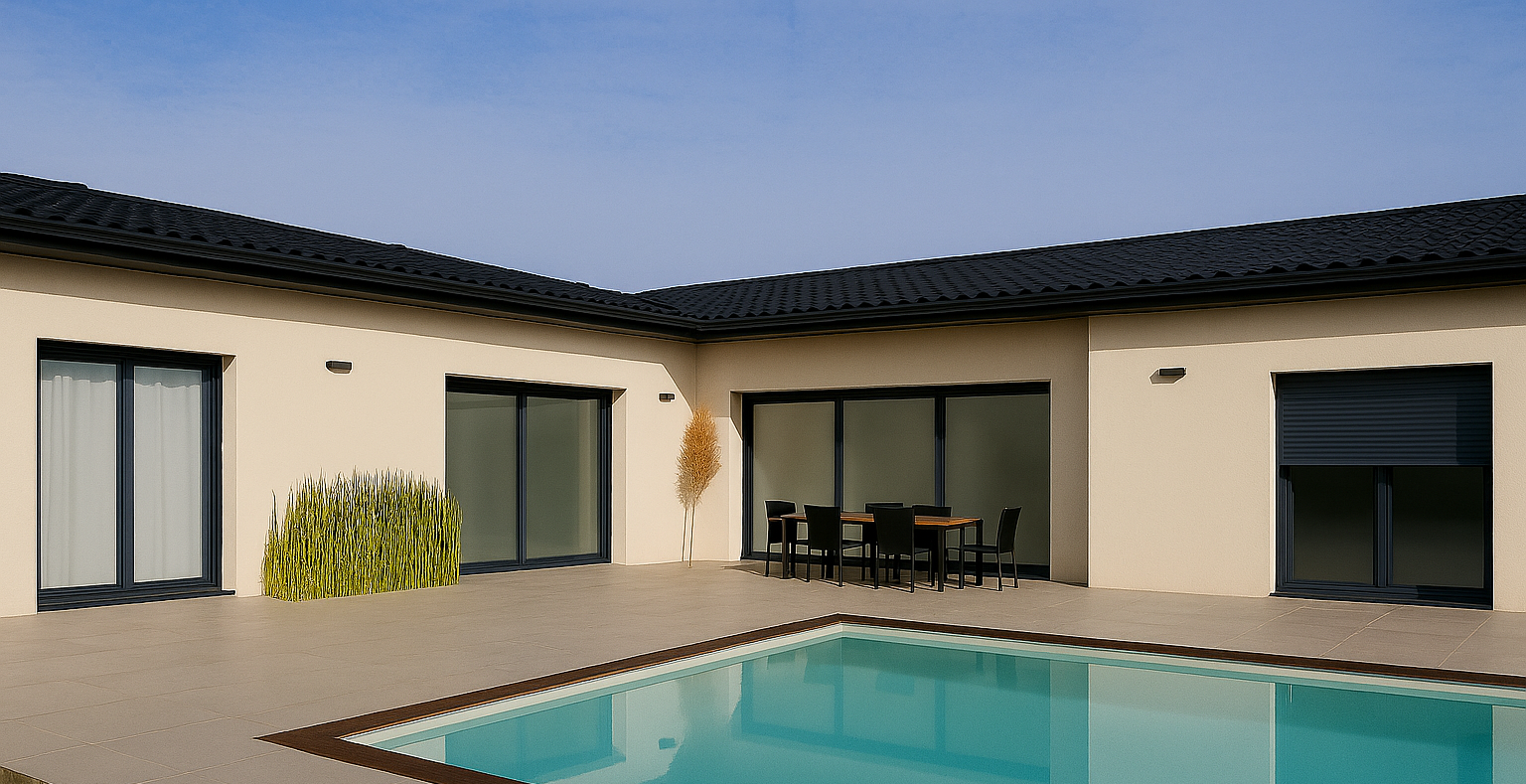 terrasse avec piscine donnant sur 3 baies vitrées