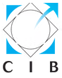 Logo CIB : éléments carrés bleus, cercle et flèche. Inscription CIB en noir en dessous.