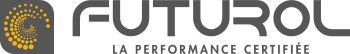 Logo de FUTUROL, texte gris avec un motif en spirale jaune et du texte en dessous.