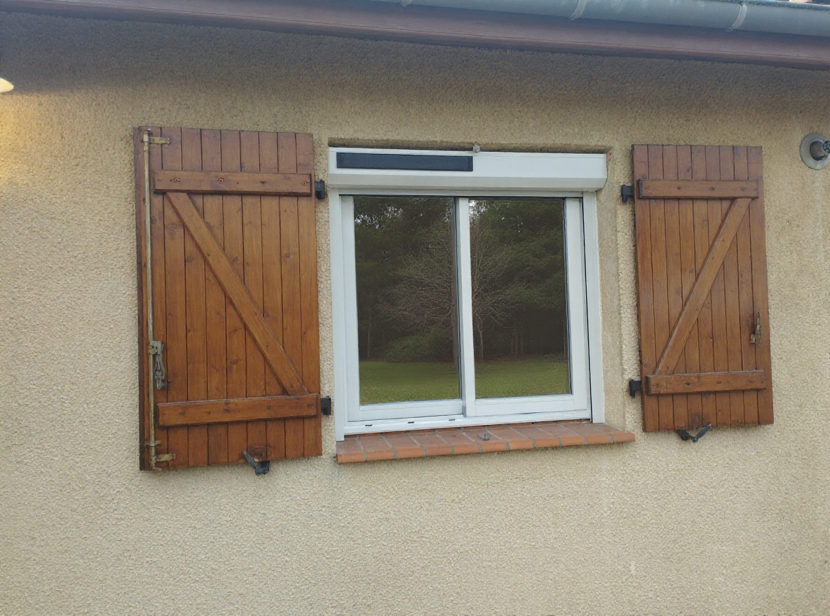 Fenêtre avec un volet roulant blanc solaire, fixée sur un mur couleur pêche et avec des volets battants bois.