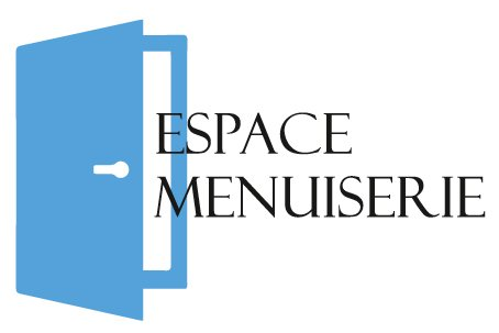 Accueil Porte bleue avec cadre et poignée blancs. Texte : ESPACE MENUIRERIE