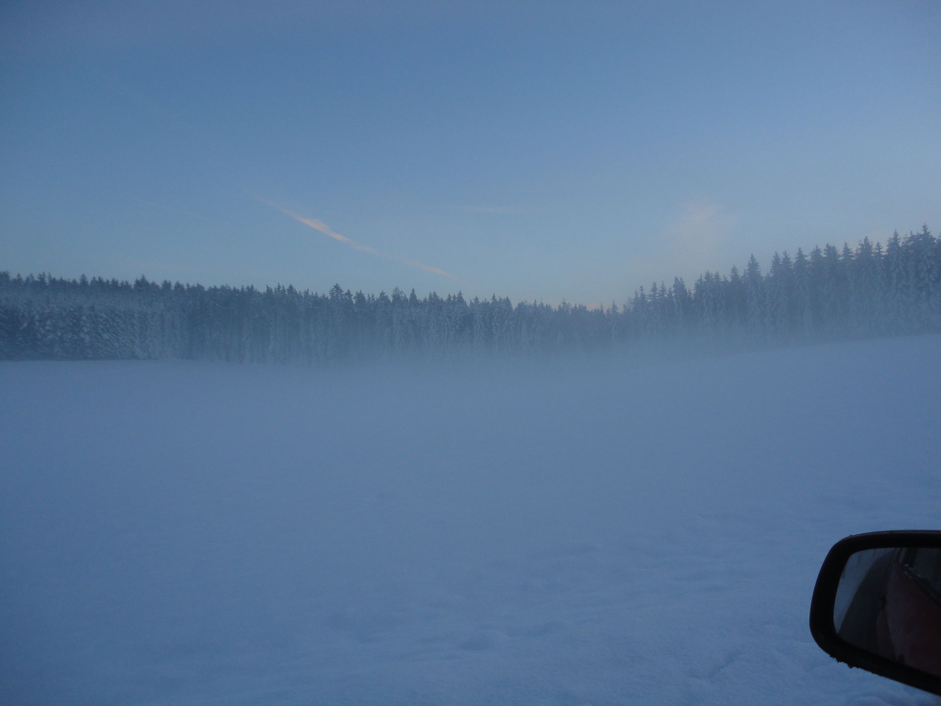 Verschneiter Wald im Nebel bei blauem Himmel