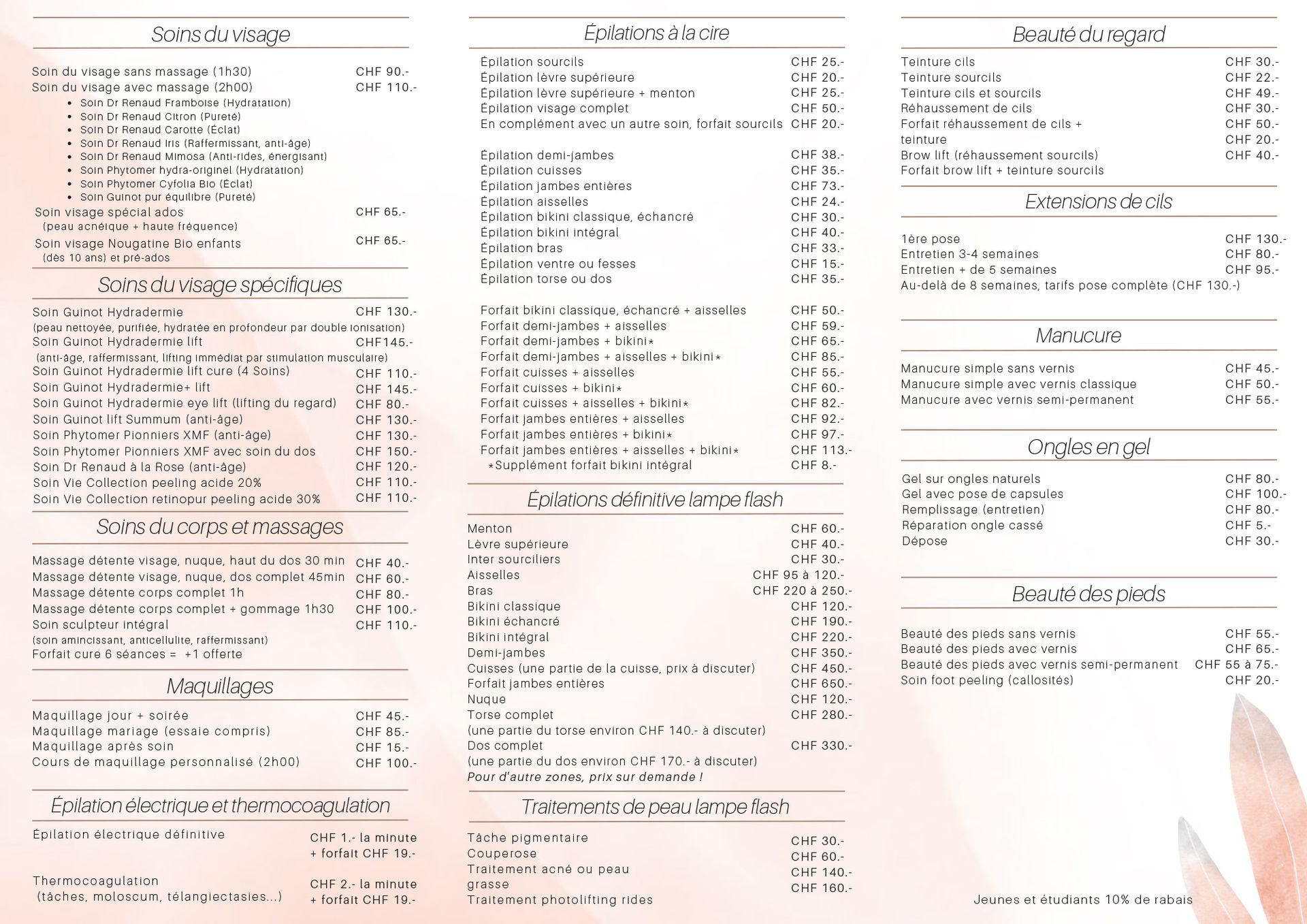 tarifs de l'institut